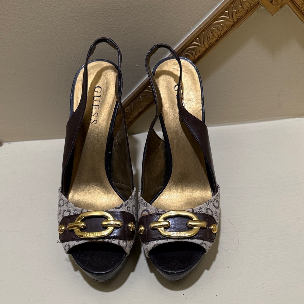 GUESS Black and Gold Peep-Toe Heels